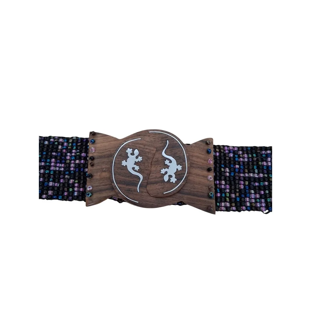 Y2k‎ Vintage Beaded Lizard Women's One Size Stretch Gypsy Wood Clasp Cinch Belt
